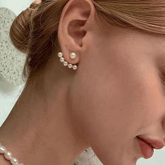 Gold Pearl Ear Crawler Jacket Stud Earrings - Picture 5 of 8